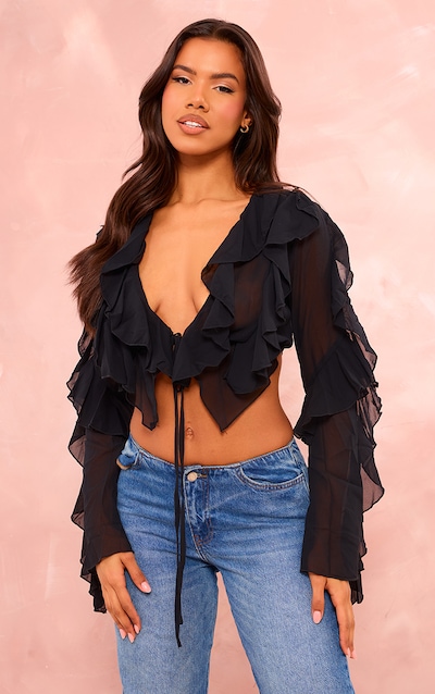 Black Extreme Frill Tie Front Flare Sleeve Blouse
