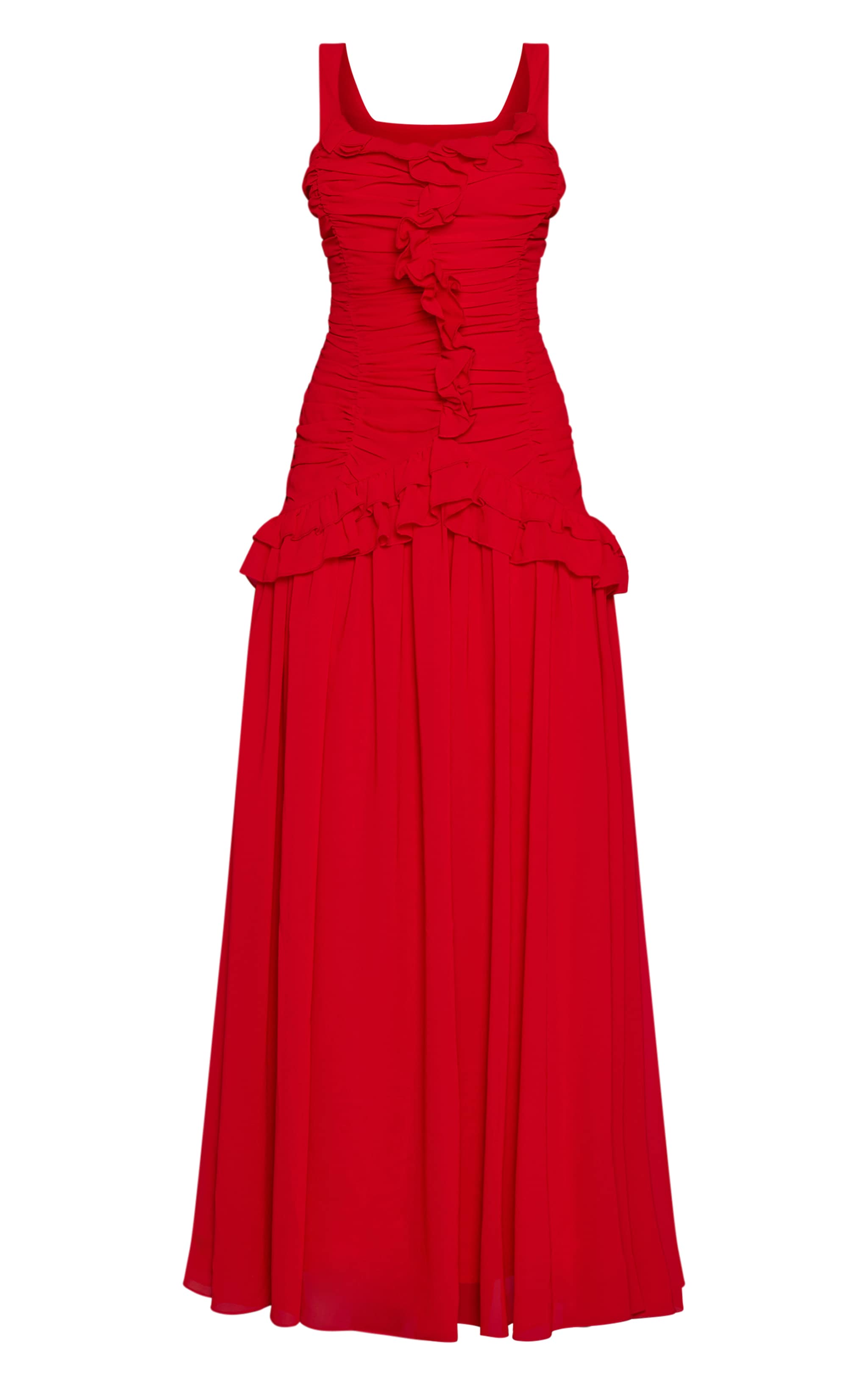 Robe longue en mousseline de soie rouge froncée à volants image 5