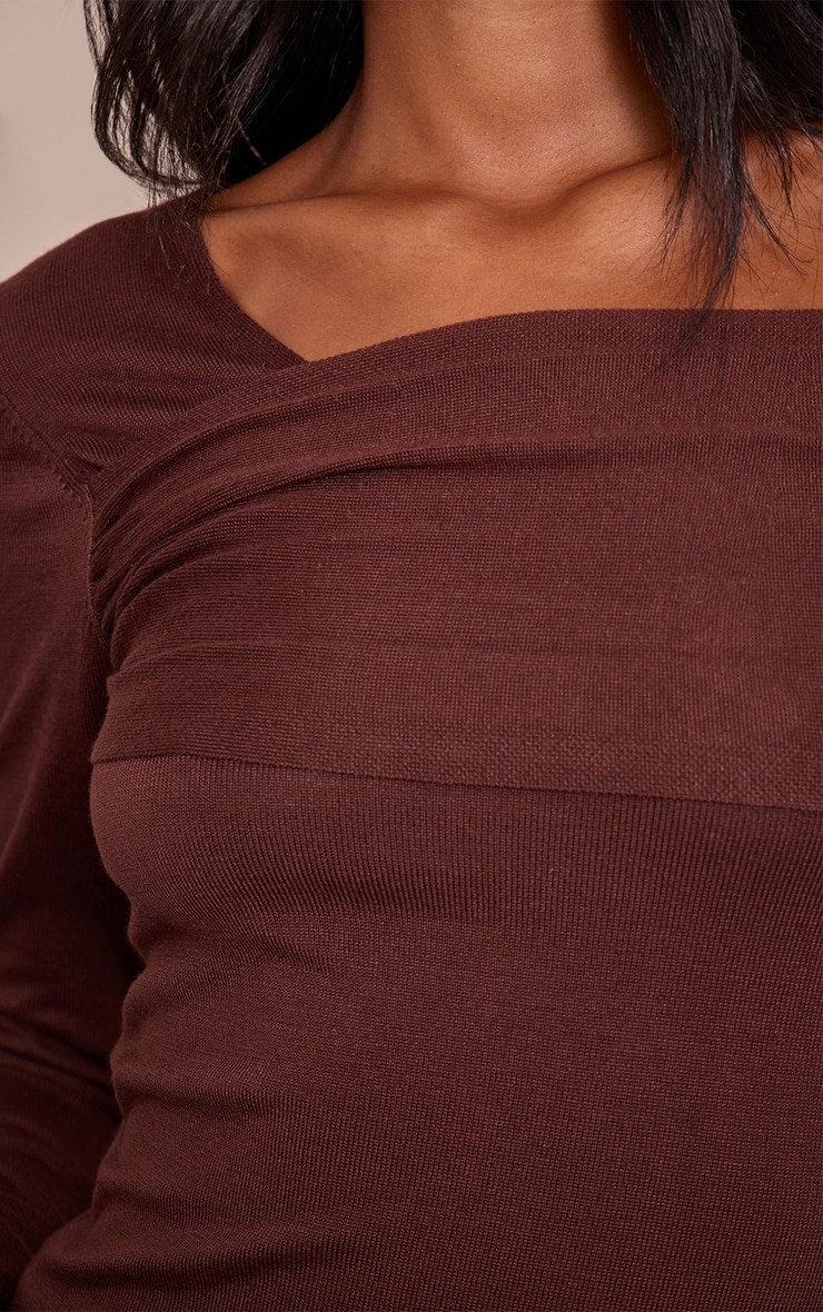 Tall Chocolate Long Sleeve Asymmetric Shoulder Knitted Top image 4
