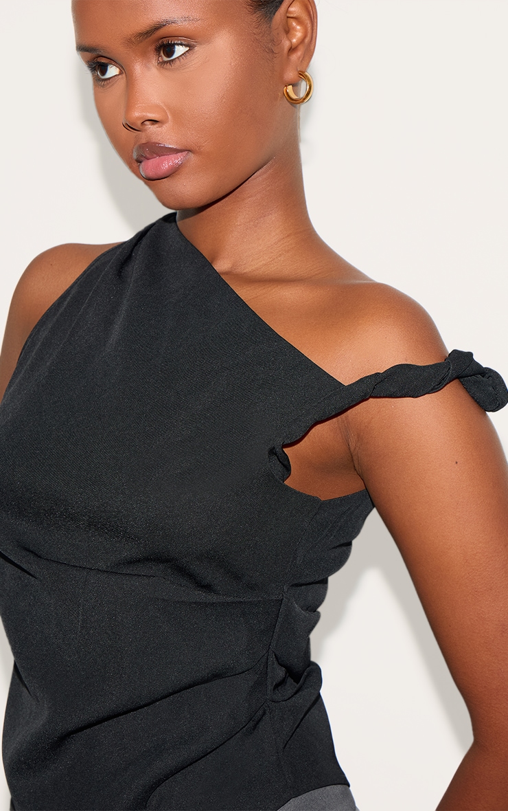 Black Woven Asymmetric Hem Ruched Long Top image 4