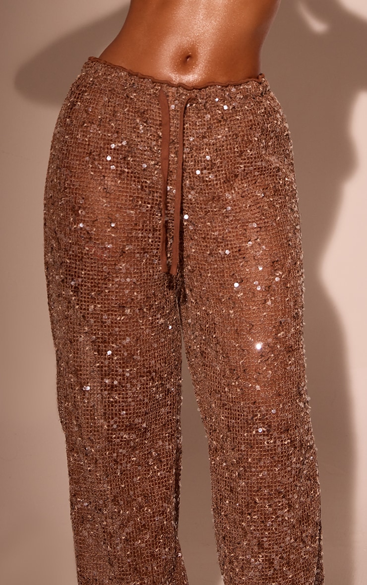 Brown Sheer Sequin Drawcord Beach Pants image 4