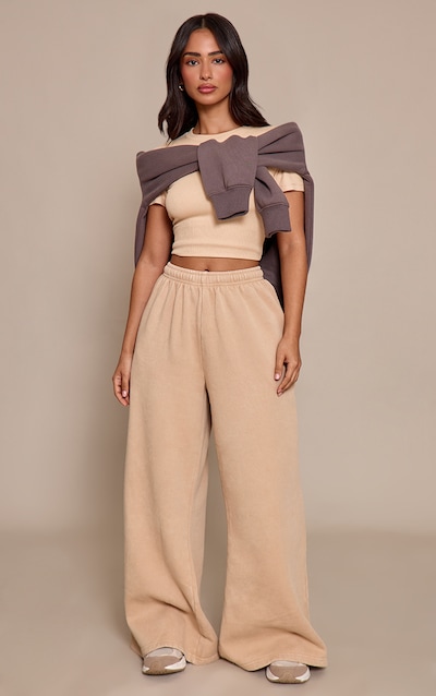 Petite Beige Oversized Wide Leg Washed Sweatpants