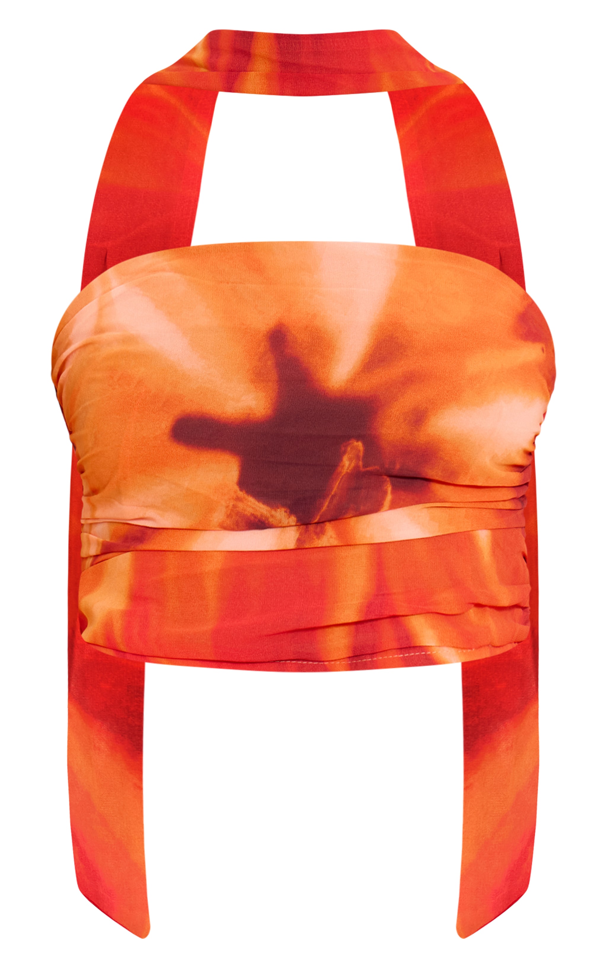 Orange Floral Printed Chiffon Scarf Detail Ruched Bandeau Top image 5