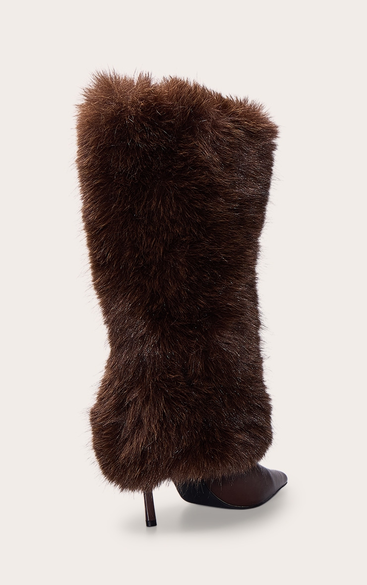 Chocolate Faux Fur Knee High Heeled Boot image 4