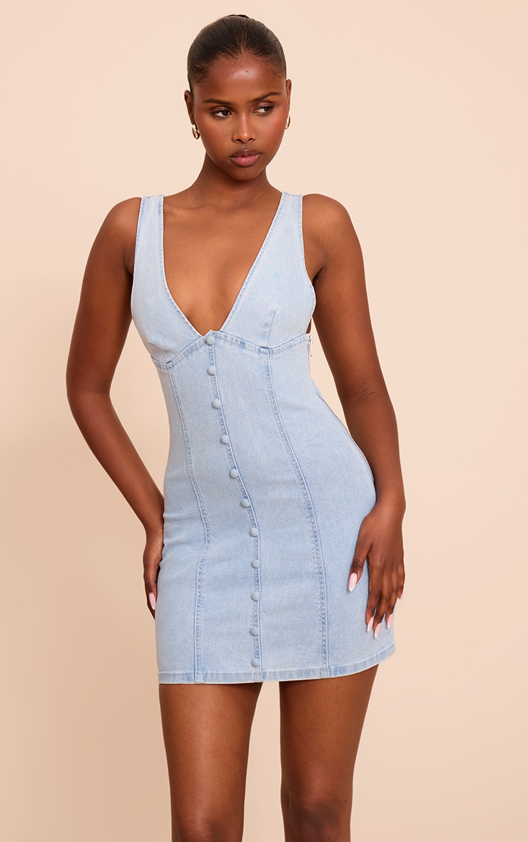 Light Blue Button Detail Denim Mini Dress image 1