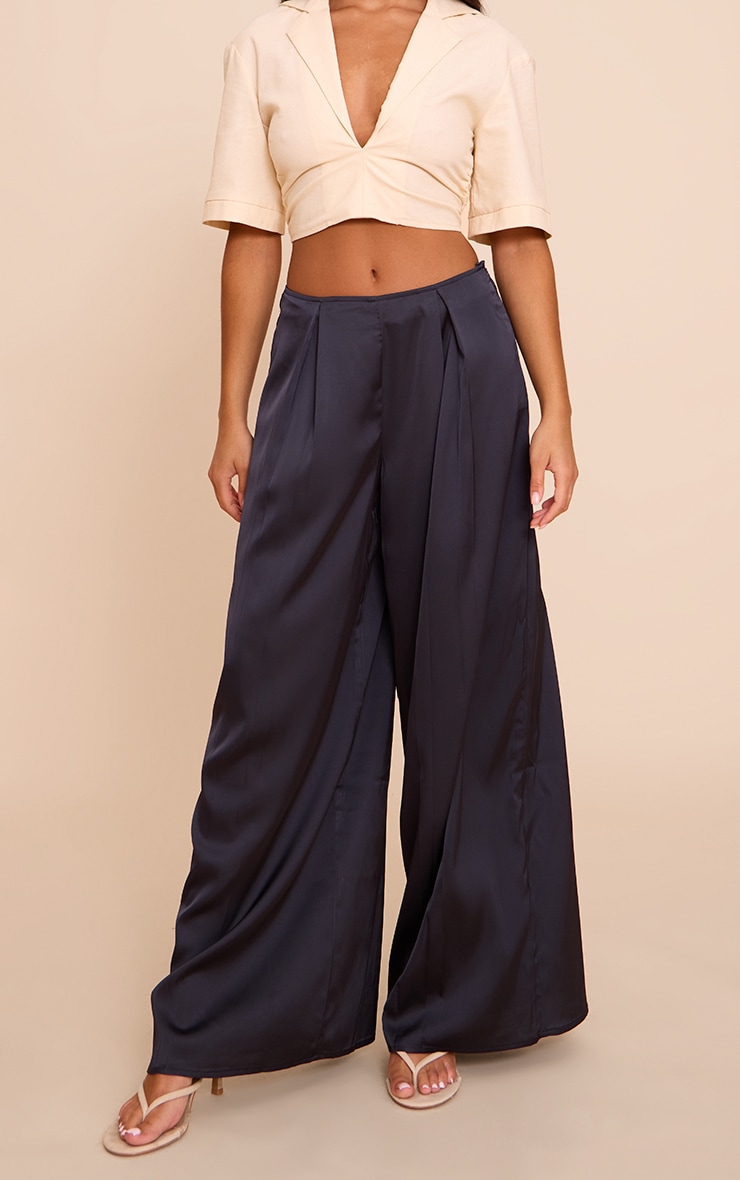 Navy Pleated Satin Wide Leg Pants image 2