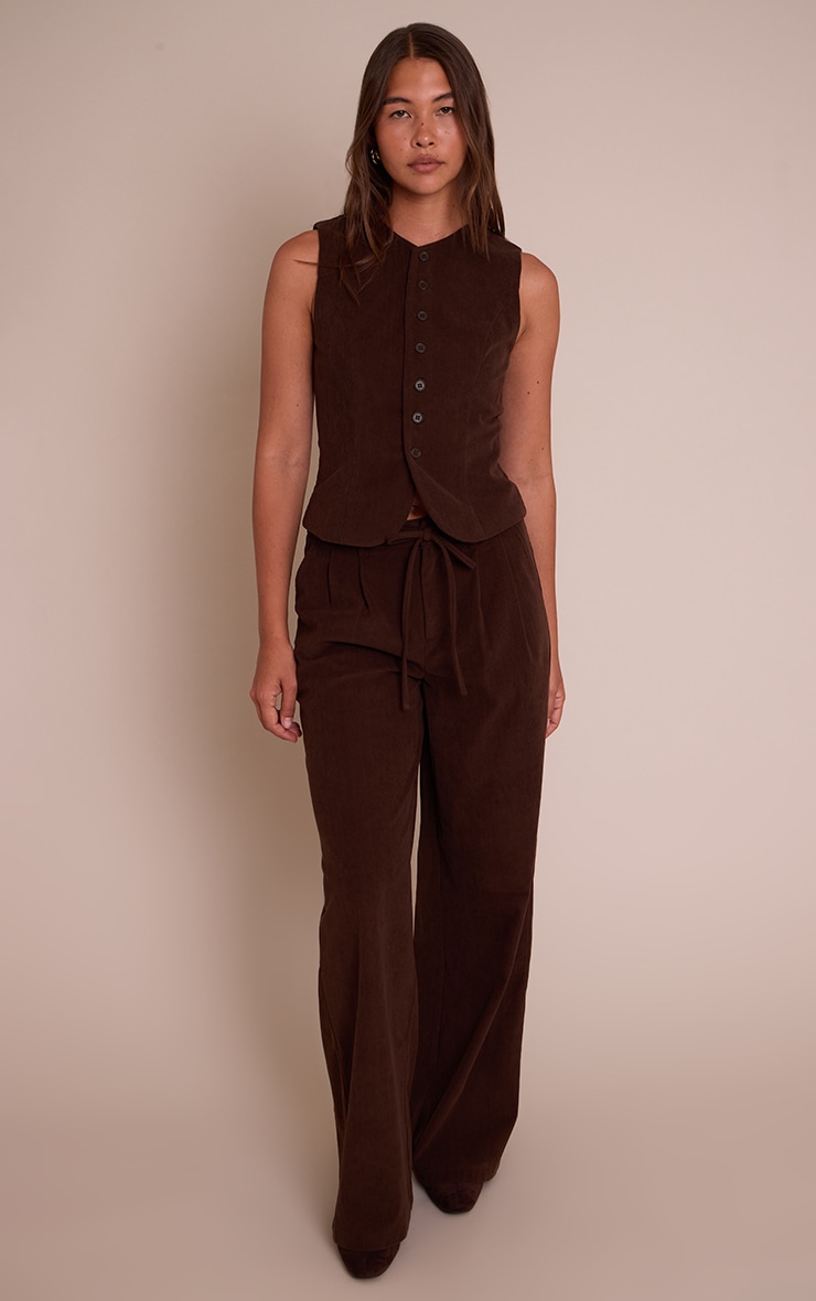 Dark Brown Corduroy Tailored Tie Detail Wide Leg Trousers