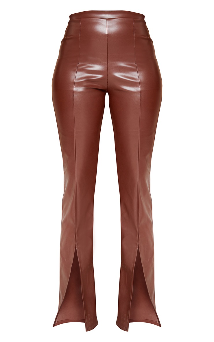 Flare Pants Brown Leather Split Hem Trousers Faux Leather Split