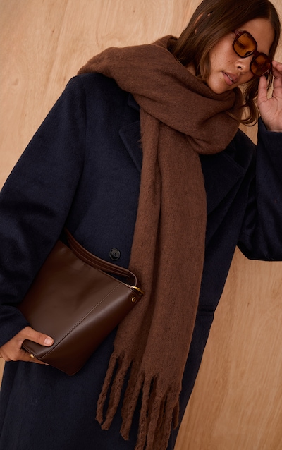 Chocolate Distressed Knit Tassel Scarf