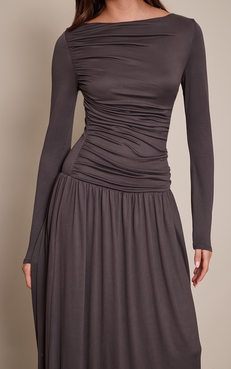 Charcoal Soft Touch Jersey Ruched Long Sleeve Maxi Dress image 4