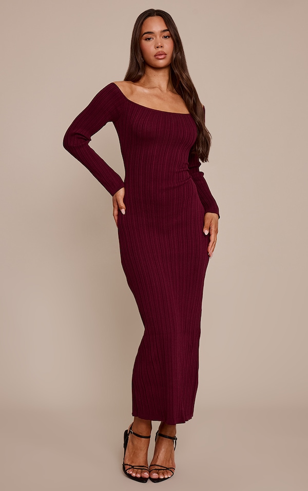 Burgundy Fine Knit Off the Shoulder Maxi Dress