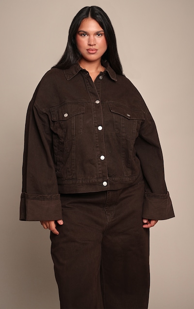 Plus Chocolate Turn Up Cuff Contrast Stitch Denim Jacket