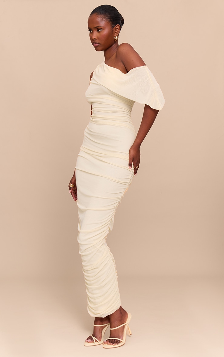 Almond Mesh Overlay One Shoulder Ruched Maxi Dress image 3