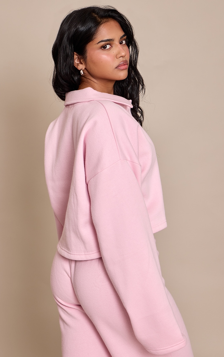 Petite Pink Cropped Button Up Collared Sweatshirt  image 2