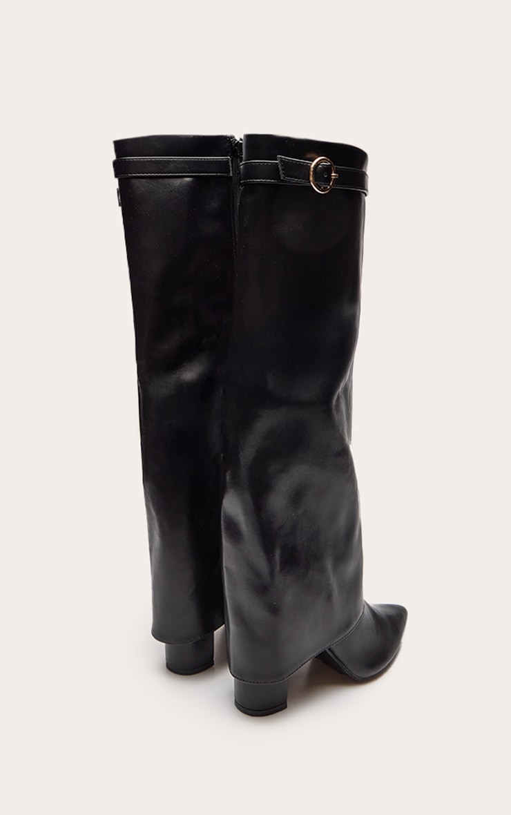 Black Faux Leather Block Heel Foldover Buckle Boot image 4