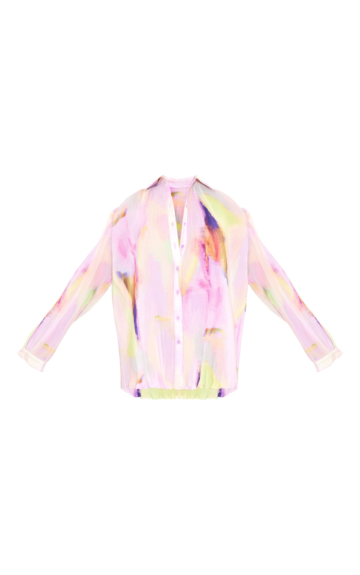 Multi Watercolour Print Plisse Button Front Oversized Shirt image 5