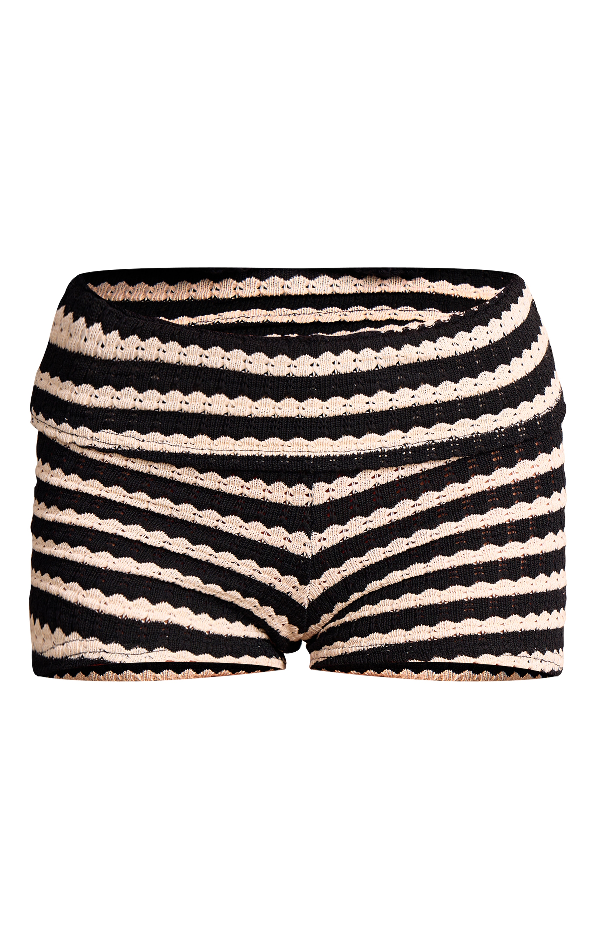 Black Striped Textured Jersey Fold Over Shorts image 6