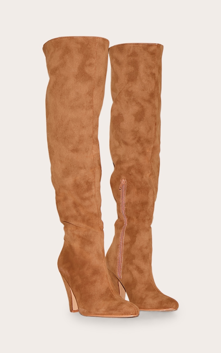 Camel Faux Suede Point Toe Over The Knee Heeled Boot image 2