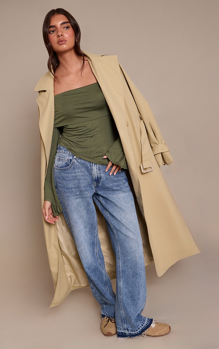 Dark Olive Jersey Fold Over Detail Long Sleeve Top image 3