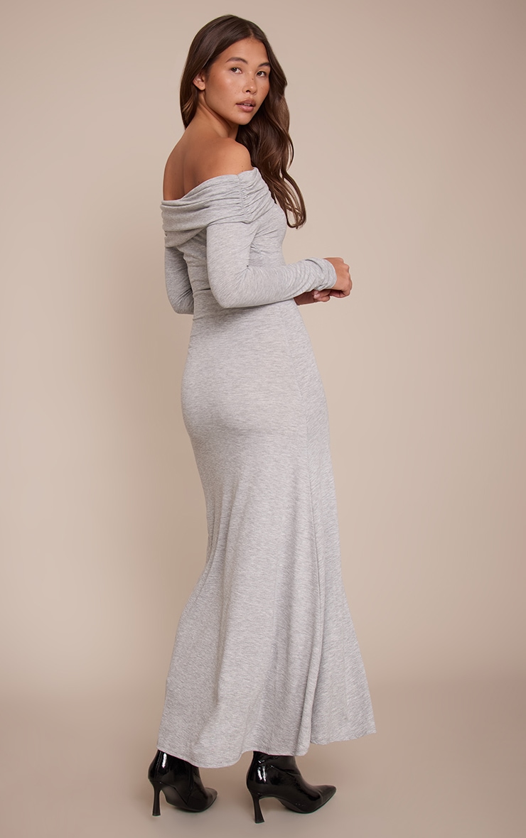 Grey Marl Jersey Fold Over Bardot Maxi Dress image 2