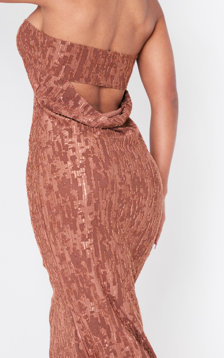 Chocolate Brown Textured Metallic Bandeau Cowl Back Maxi Dress image 4