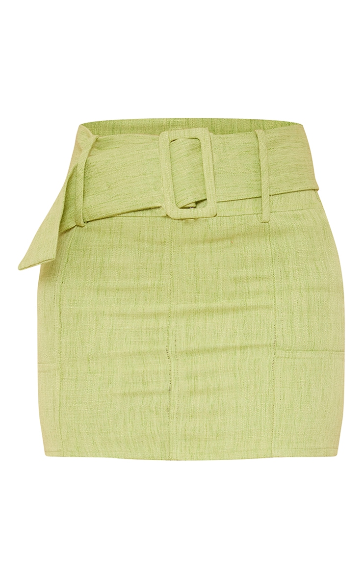 Green Tailored Linen Look Belt Detail Mini Skirt image 4