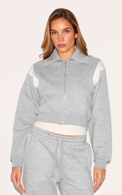 Ash Grey Contrast Panel Zip Through Collared Sweatshirt