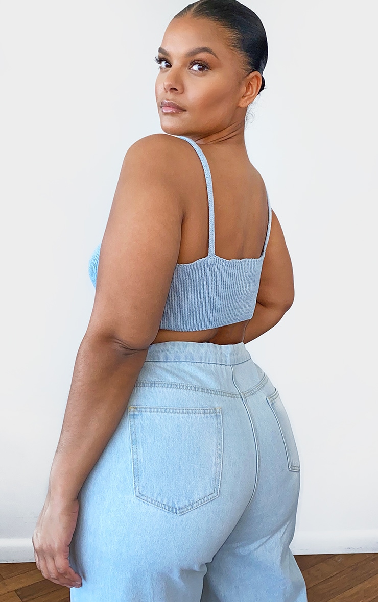 Plus Dusty Blue Knit Strappy High Neck Crop Top image 2