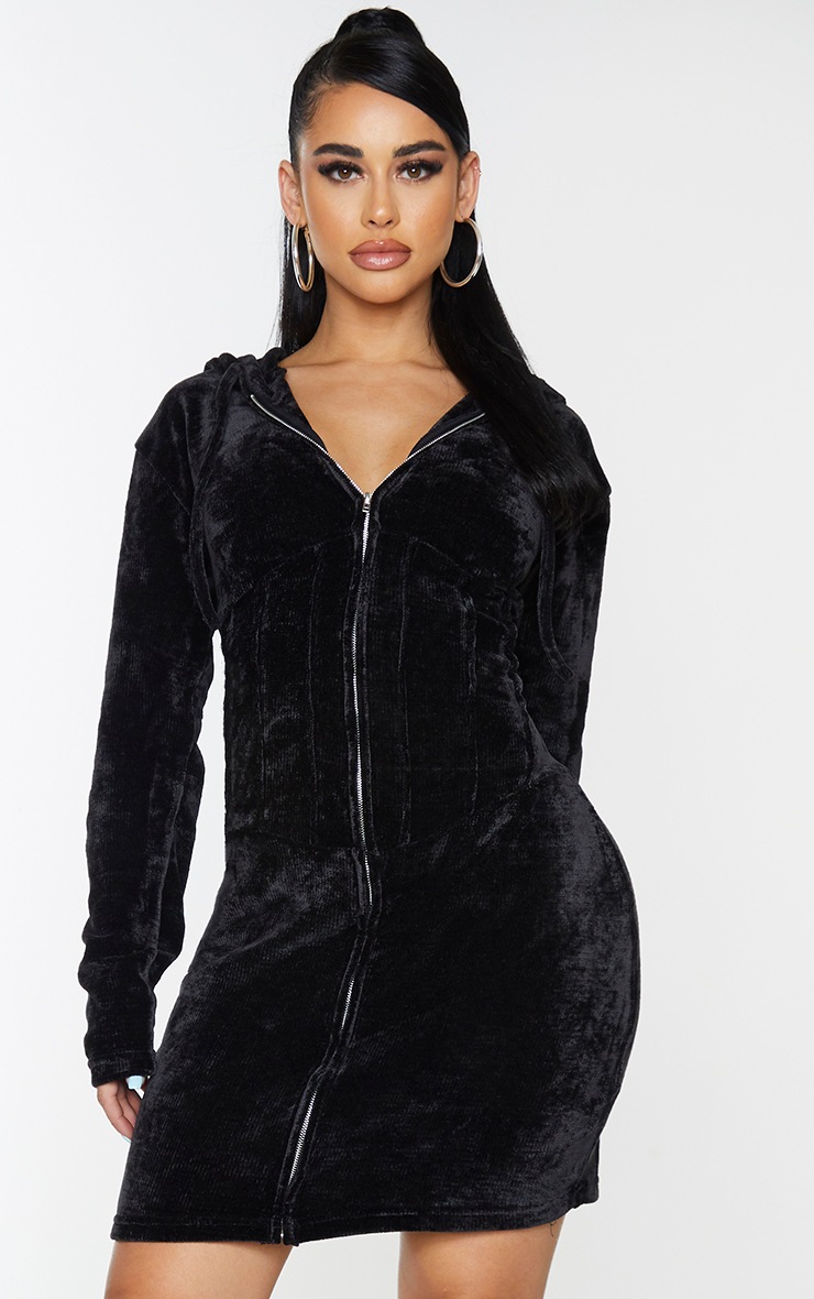 Shape Black Rib Velour Corset Detail Hooded Bodycon Dress