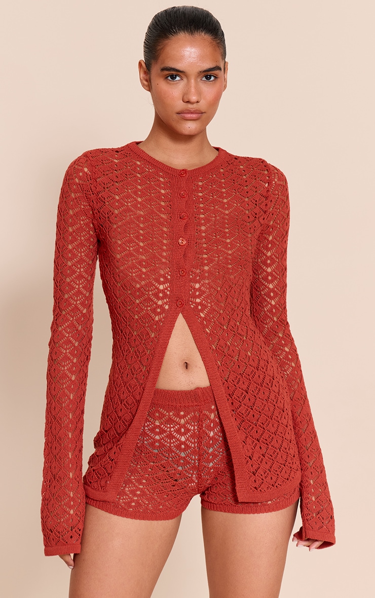 Rust Crochet Knit Long Sleeve Cardigan image 1