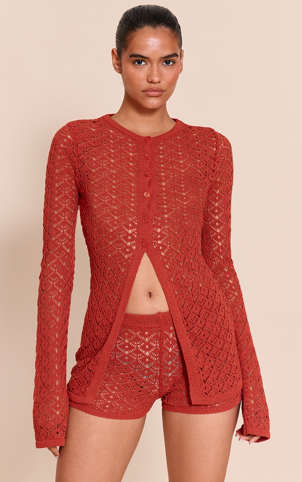 Rust Crochet Knit Long Sleeve Cardigan