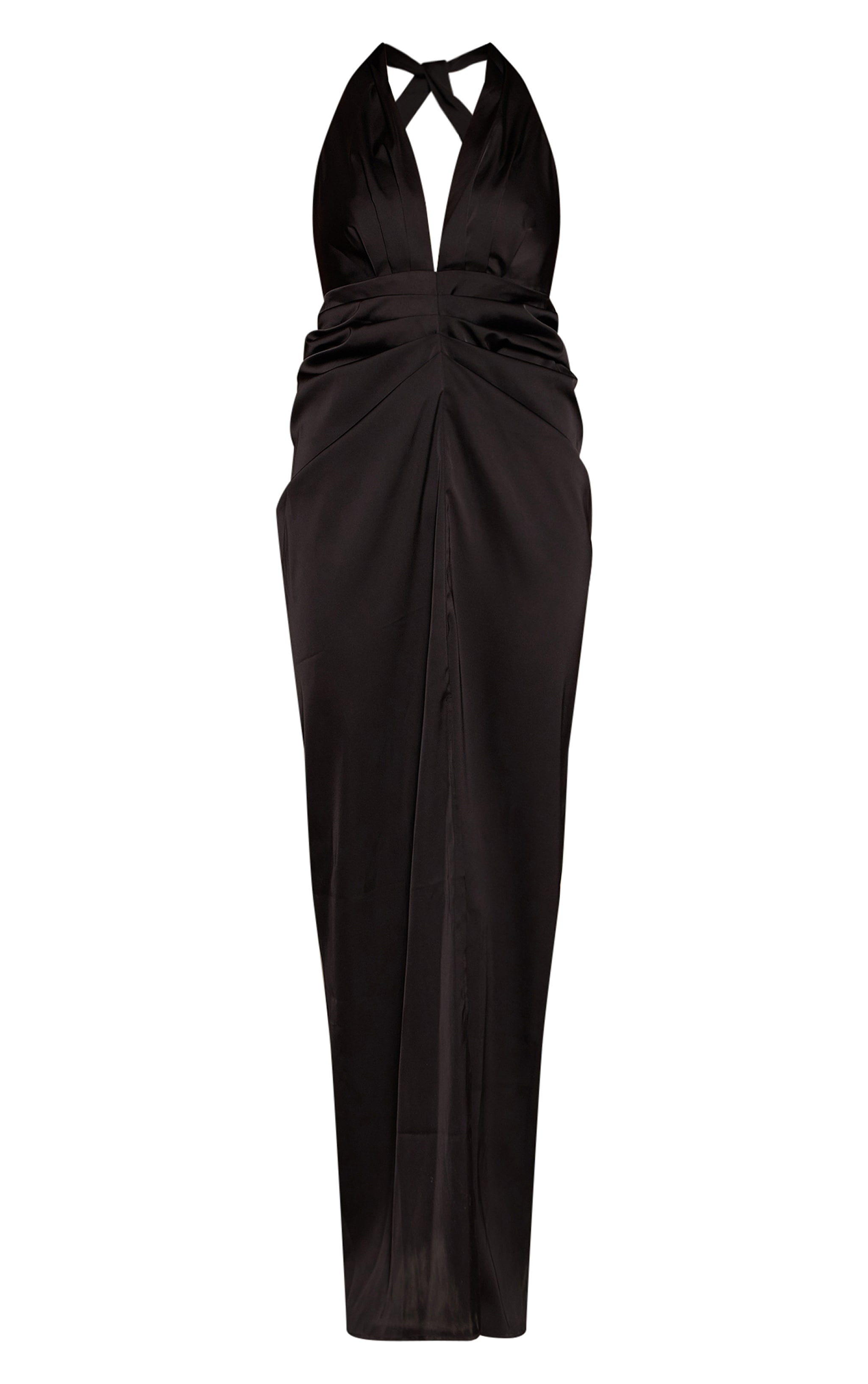 Black Satin Ruched Detail Plunge Maxi Dress image 5