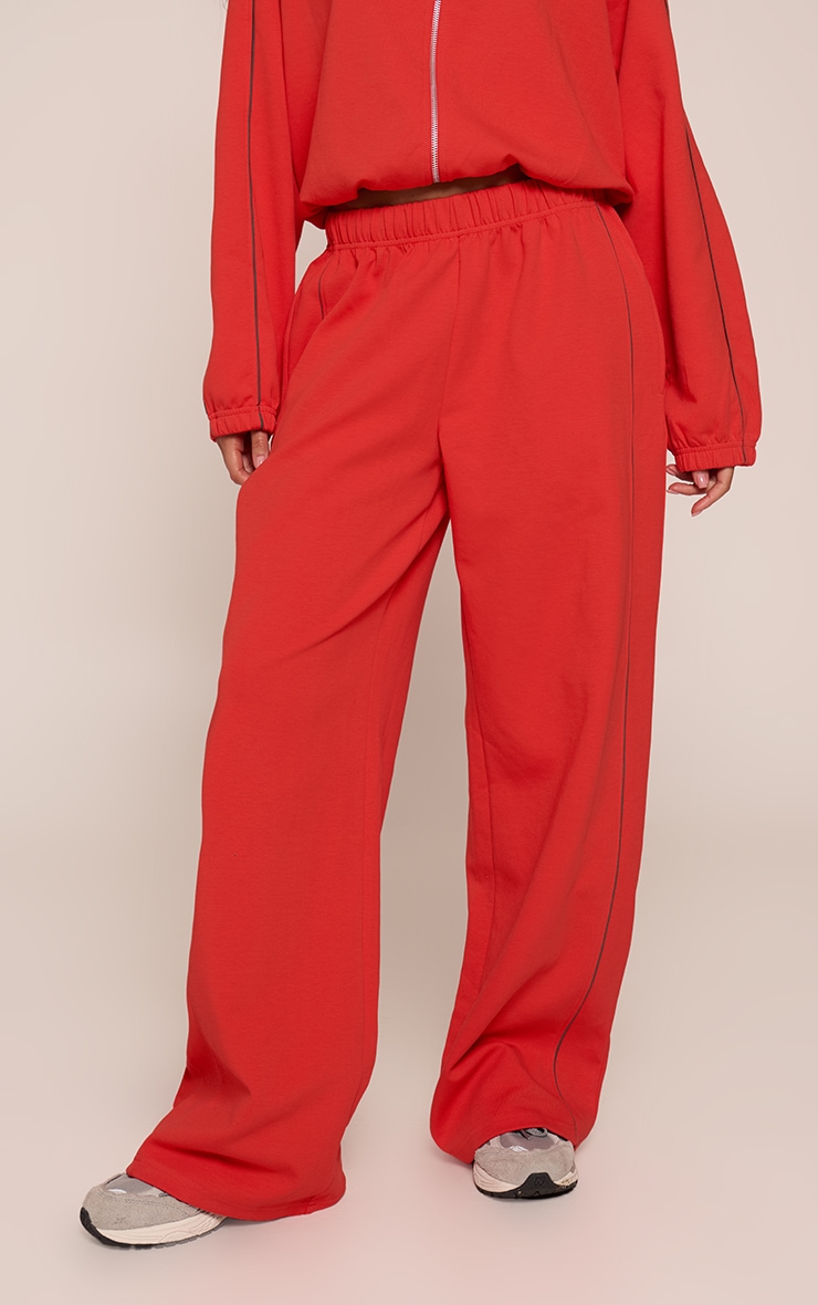 Red Interlock Contrast Piping Wide Leg Sweatpants image 2