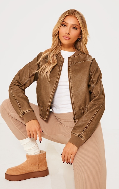 Brown Seam Detail Distressed Pu Bomber