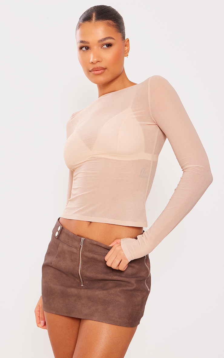 Stone Mesh Scoop Back Long Sleeve Crop Top image 3