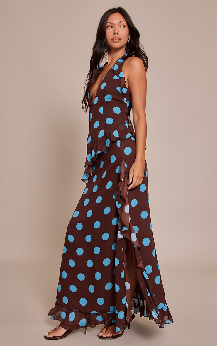 Brown Polka Dot Chiffon Frill Plunge Long Top image 3