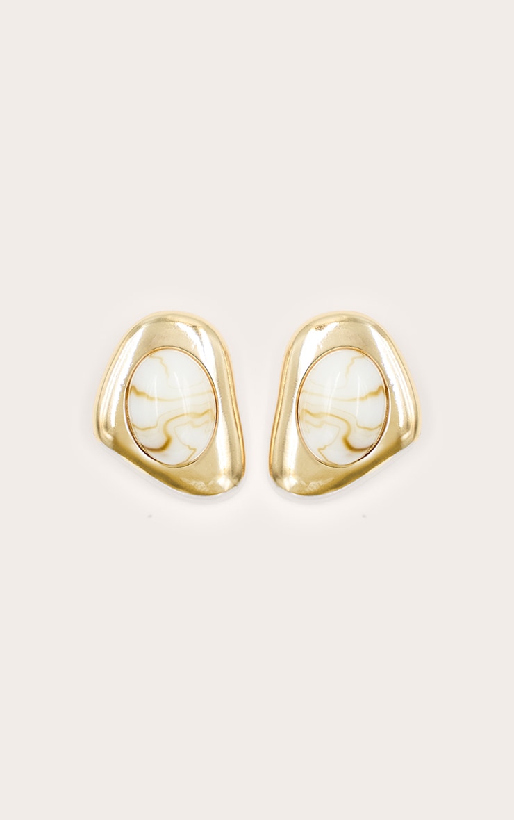 Boucles d'oreilles lisses abstraites dorées à pendentif crème image 2