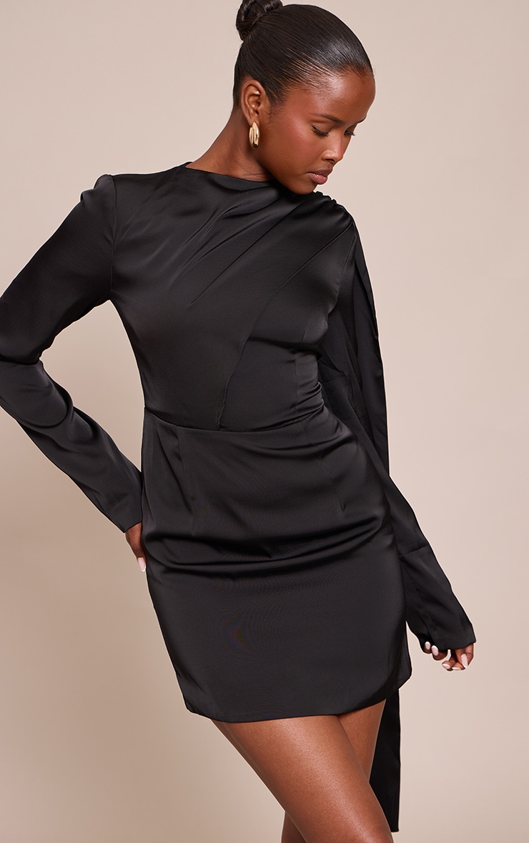Black Satin Scarf Detail Long Sleeve Mini Dress image 1