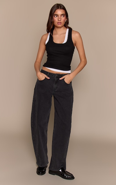 Jean bouffant stretch noir délavé à taille mi-haute