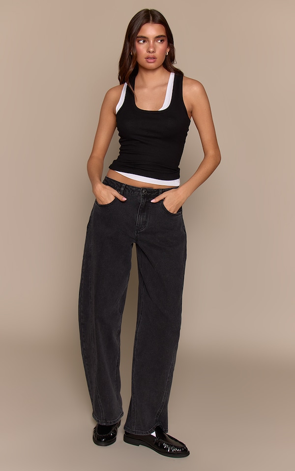 Washed Black Mid Rise Stretch Barrel Jeans