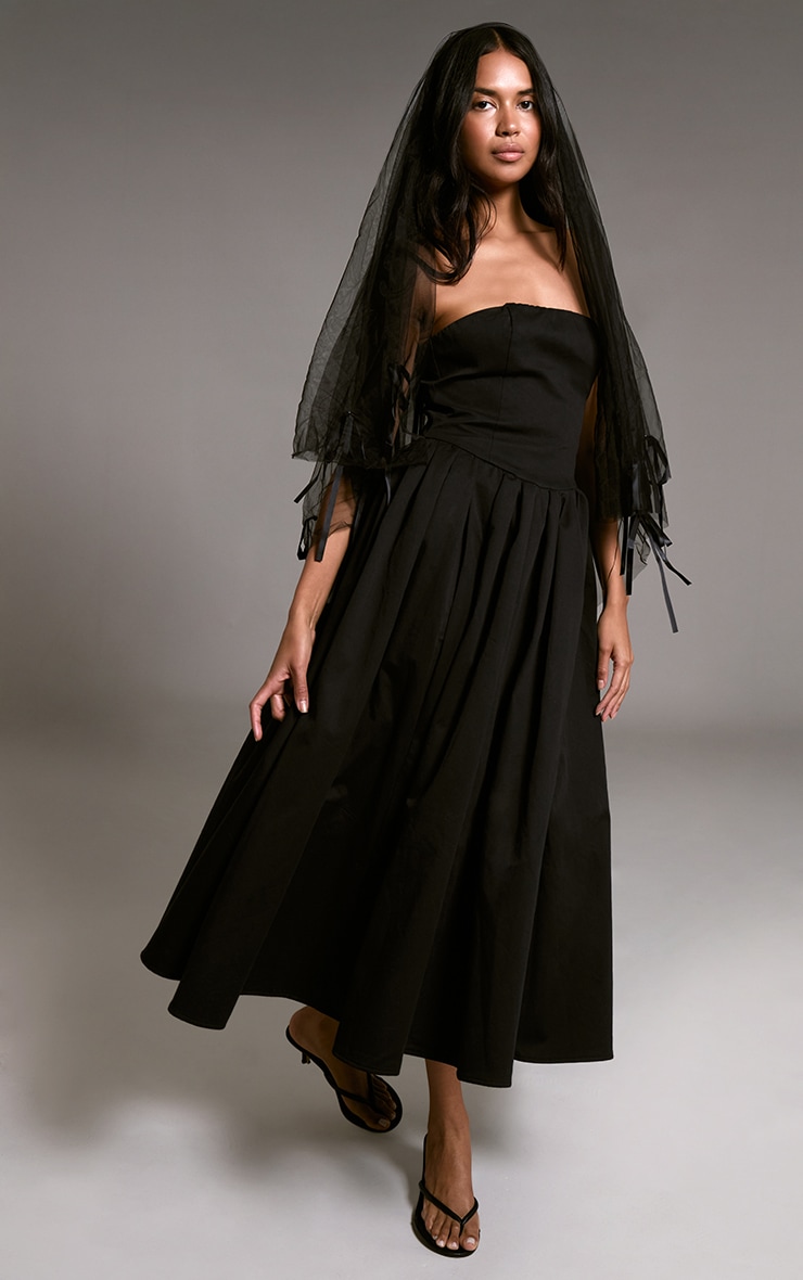 Black Woven Bandeau Ruched Skater Midaxi Dress image 1