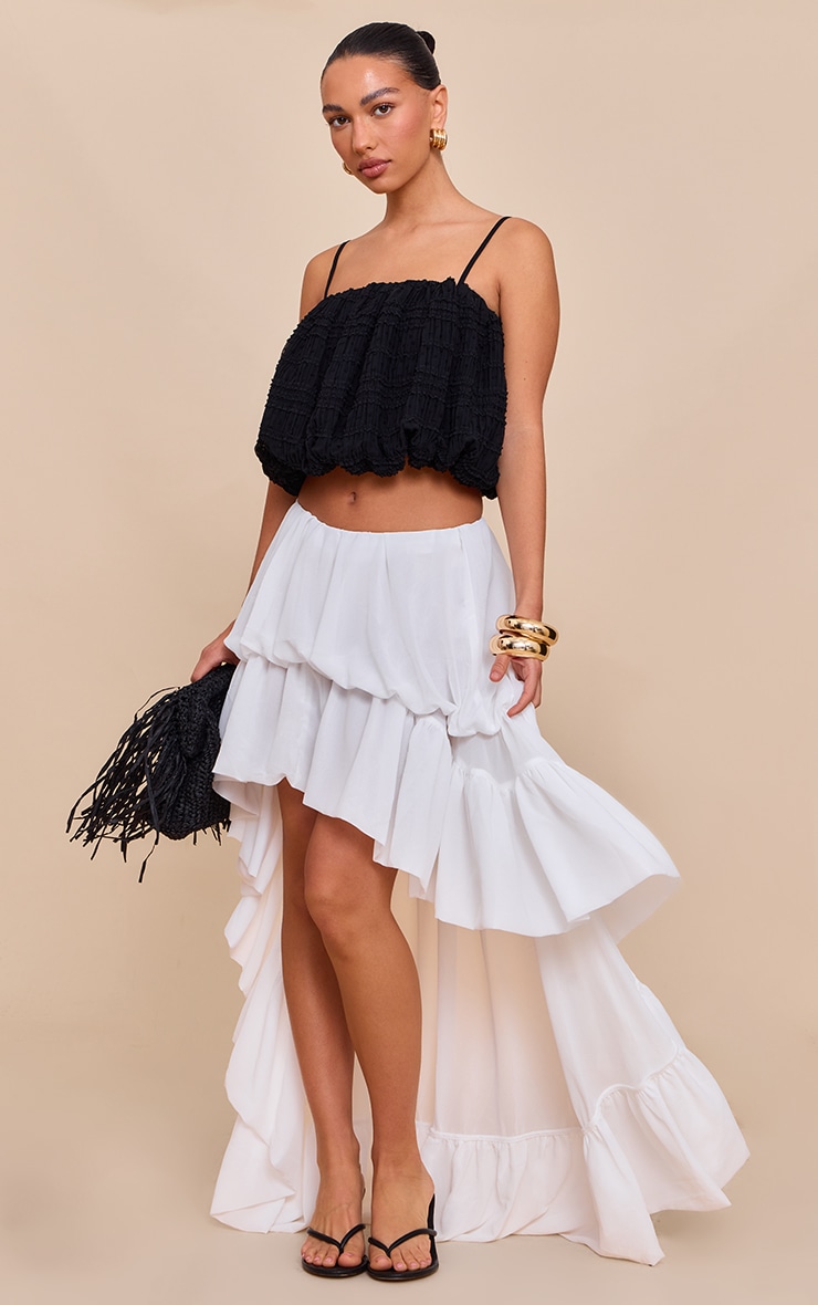 White Chiffon Tiered Puffball Waterfall Maxi Skirt | Bottoms