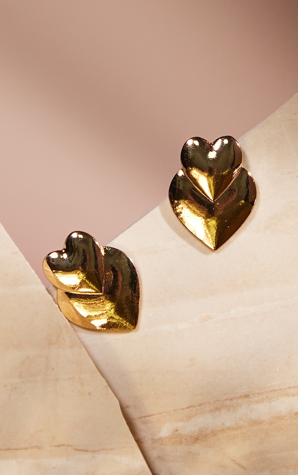 Gold Double Oversized Heart Statement Earrings PrettyLittleThing
