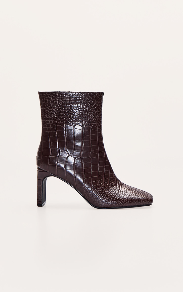 Chocolate Croc PU Slim Block Heel Ankle Boots image 2