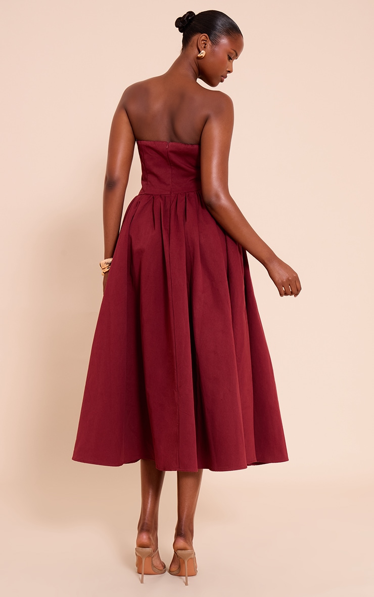 Burgundy Woven Bandeau Ruched Skater Midaxi Dress image 2