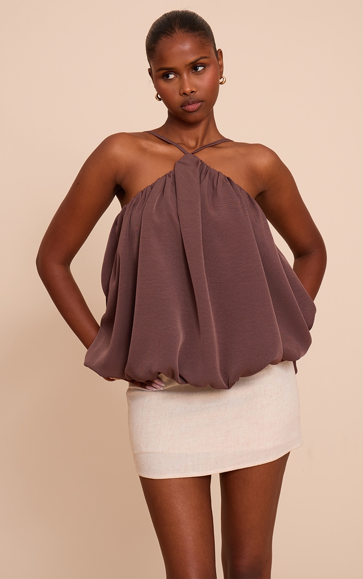 Mocha Chiffon Halter Neck Puff Ball Top image 1