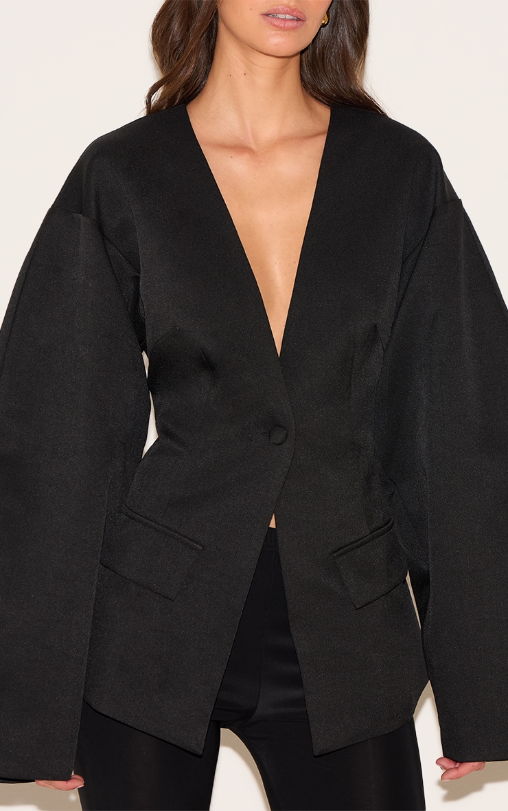 Black Cocoon Sleeve Cinched Waist Pocket Blazer image 4