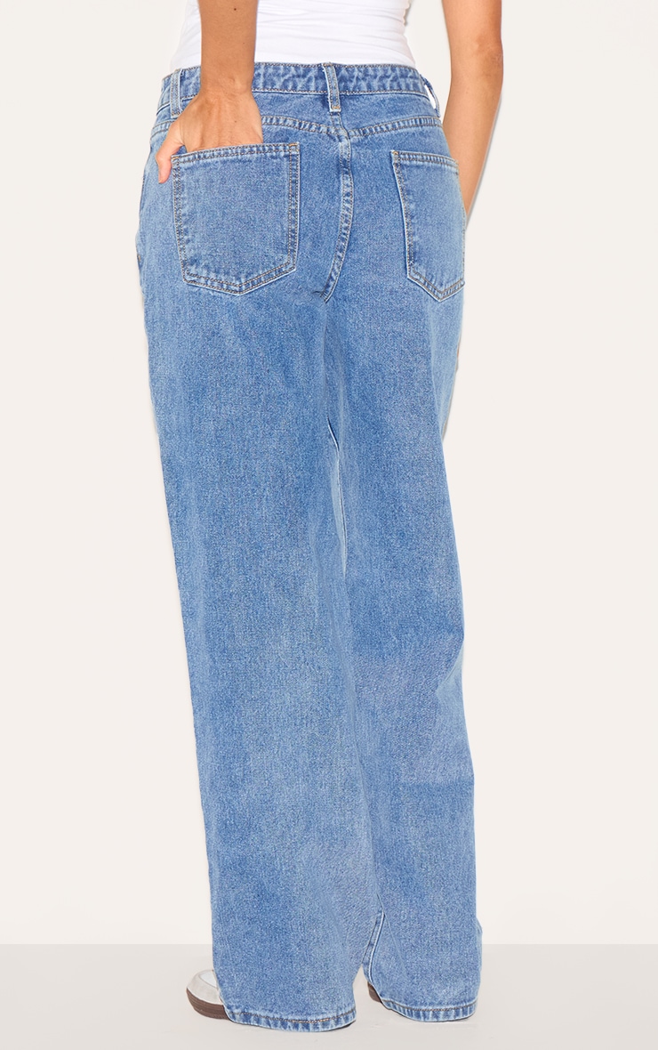 Jean droit bleu moyen délavé à taille mi-haute image 3