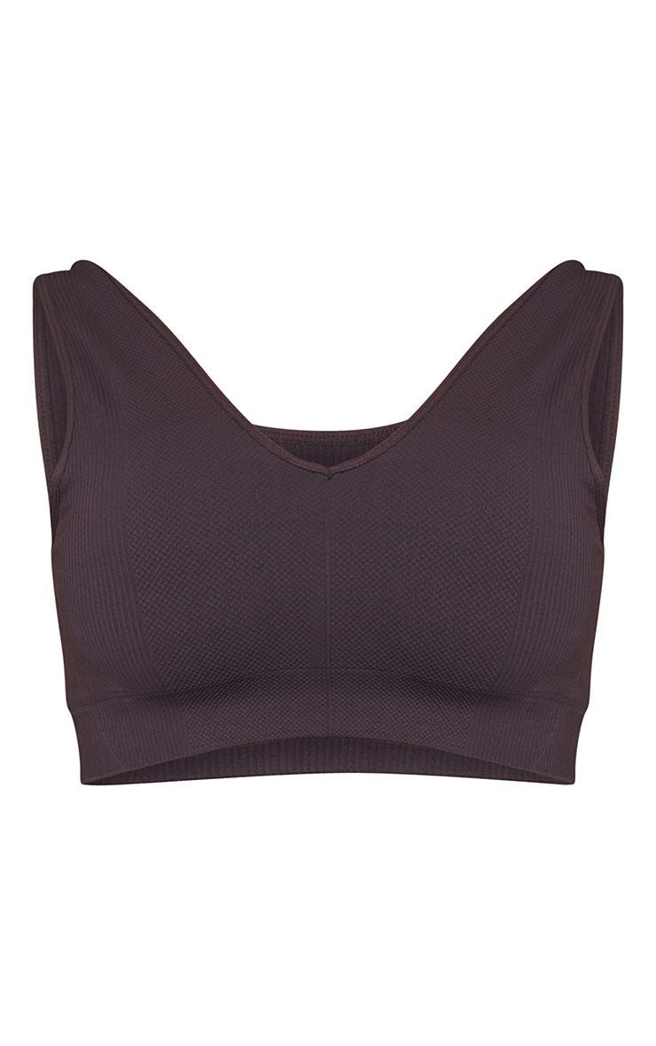 Chocolate V Neck Padded Textured Seamless Sports Bra image 5