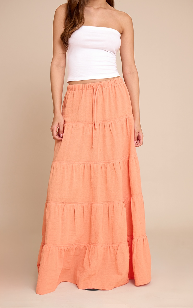 Peach Cotton Tiered Drawstring Waist Maxi Skirt image 2